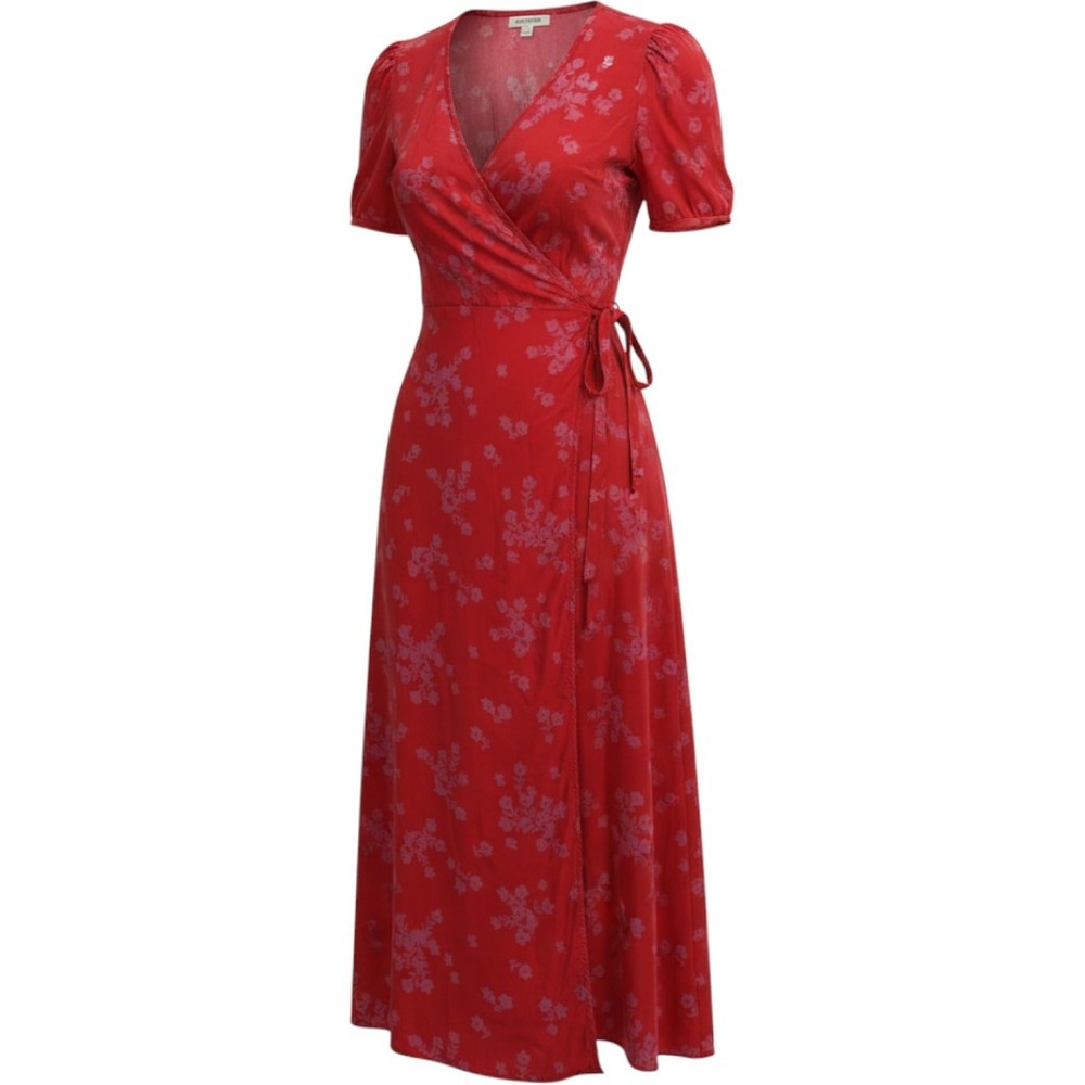 Billabong Womens Red Pink Floral Wrap Midi Dress Short Sleeve Size Small